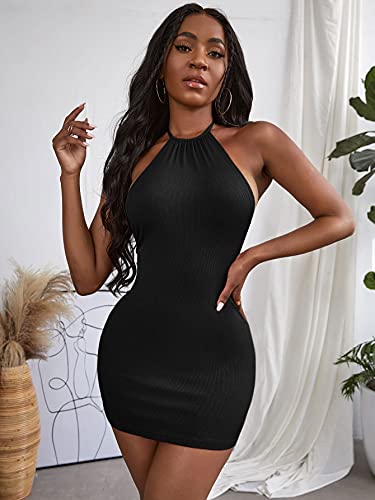 GORGLITTER Women's Backless Ruched Halter Bodycon Mini Dress Open Back Sexy Sleeveless Dresses Black Small
