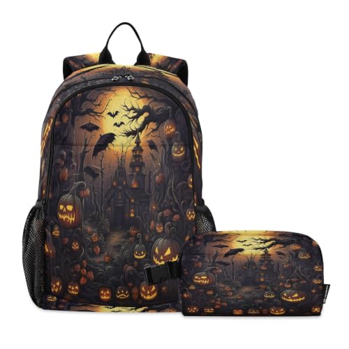 Sac à dos pour étudiants citrouille d'Halloween avec sac à déjeuner léger durable
