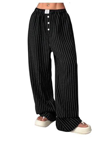 OYOANGLE Women's Striped Wide Leg Pants Elastic Waist Button Office Work Dressy Trousers