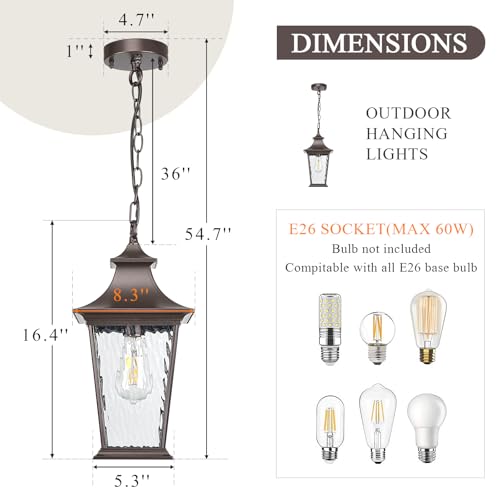 Image of Outdoor Pendant Lights for Porch 16.5 inch Large Dusk to Dawn Outdoor Chandelier with Water Ripple Glass Oil Rubbed Bronze Modern Hanging Porch Light with Adjustable Chain E27 Socket