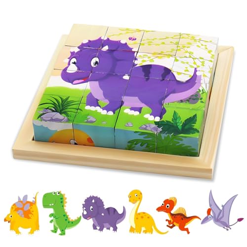 Montessori 3D-Holz-Puzzle, Pädagogisches Holzpuzzle für 1-jährige Kinder, sicher kreativitätsfördernd, Endloser Spiel- und Lernspaß für Kleinkinder (Dino)