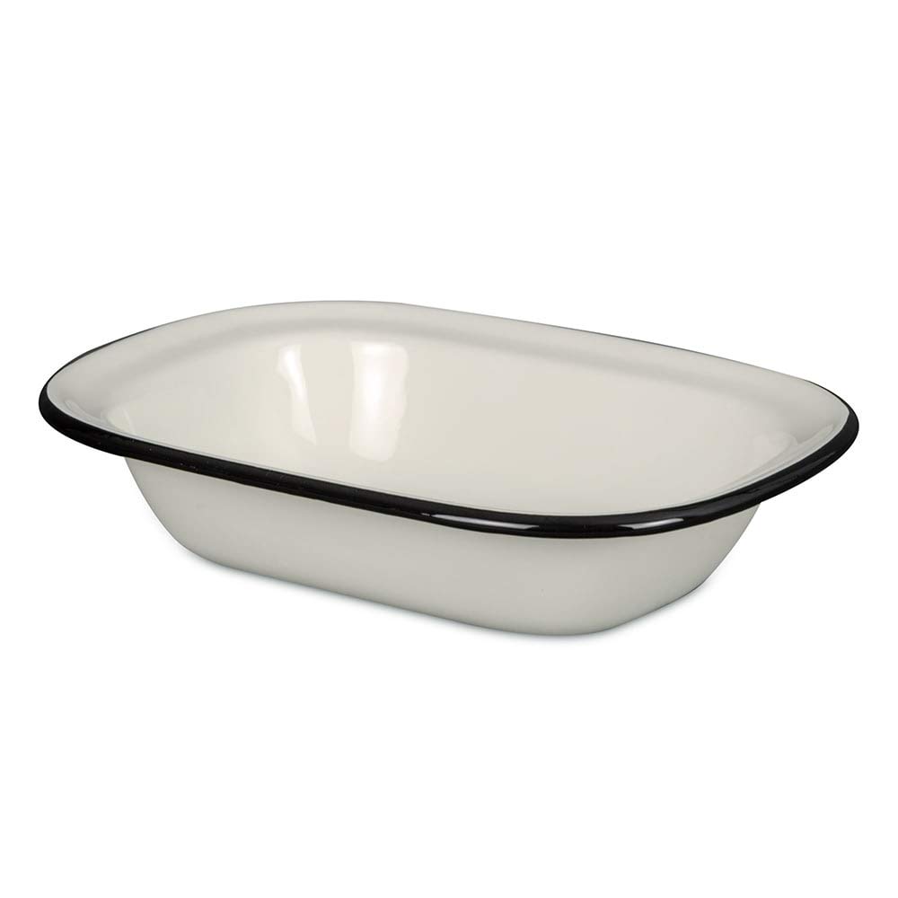 TableCraft 80013 Enamelware Collection Serving Pan, White with Black Rim, Porcelain Over Steel, Oven-to-Table, Camping, Farmhouse, Indoor/Outdoor, 7.75" x 5.75" x 1.75", 18 oz