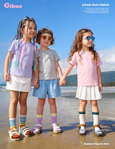 Image of Gihuo 5 Pack Girls T-Shirts Short Sleeve Shirt for Girls Cotton Tees Kids Tshirts Clothes Summer Tops