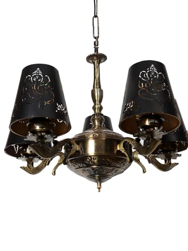 Image of Devansh 05 Lights Ganesh Ji Metal Etched Shade with Antique Golden Chandelier -ZD