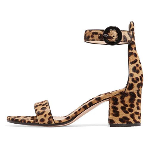 FSJ Women Basic Open Toe Sandals With Block Heels Faux Suede Ankle Strap Pumps Size 7 Leopard