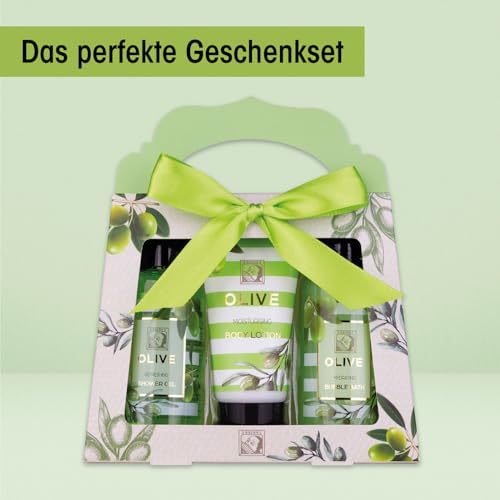 Accentra – Duschset Frauen Geschenkset OLIVE in schöner Geschenkbox – 3-teiliges Pflegeset mit Duschgel, Bodylotion und Schaumbad – Wellness Geschenk Set zum Valentinstag, Muttertag & Weihnachten