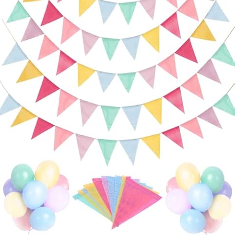 Carehabi Wimpelkette, 5 Stück 4M 60Pcs Mehrfarbig Dreieck Flaggen Banner Leinenimitat Wimpel für Geburtstag Party Hochzeit Dekoration Weihnachten Indoor Outdoor Deko Cover