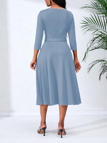 Image of Women's Caual Midi Dress 3 /4 Sleeve Crewneck A-line Swing Dress for Women with Belt for Wedding Guest & Cocktail Party Sky Blue Small