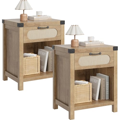 GarveeHome Rattan Night Stands Set of 2, Farmhouse Bedside Table, Night Stand with Drawer and Open Shelf, Boho End Table for Living Room,Bedroom, Natural