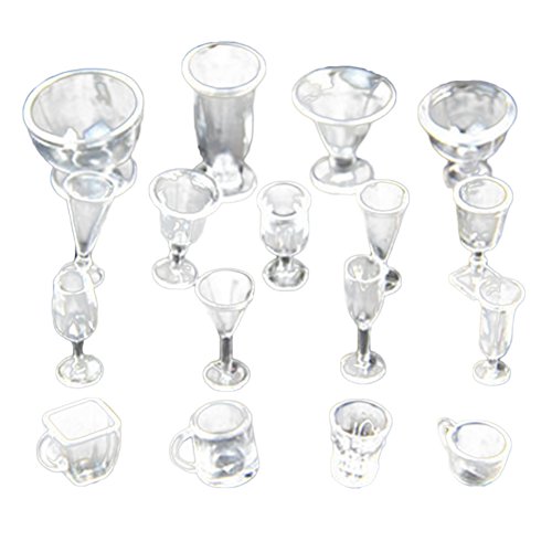 Gracefulvara 17Pcs Clear Cups - Tea Wine Ice Cream Cups Set for 1:12 Miniature Dollhouse Accessories