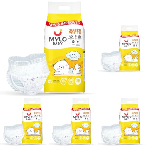 Image of Mylo Baby Diaper Pants Medium (M) Size 7-12 kgs (38 count) Leak Proof | Lightweight | Rash Free | Upto 12 Hours Protection | ADL Technology | with Aloe Vera Lotion (Pack of 5)