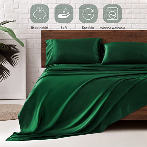 Image of MR&HM Satin Bed Sheets, Full Size Sheets Set, 4 Pcs Silky Bedding Set with 15 Inches Deep Pocket for Mattress (Full, Dark Green)