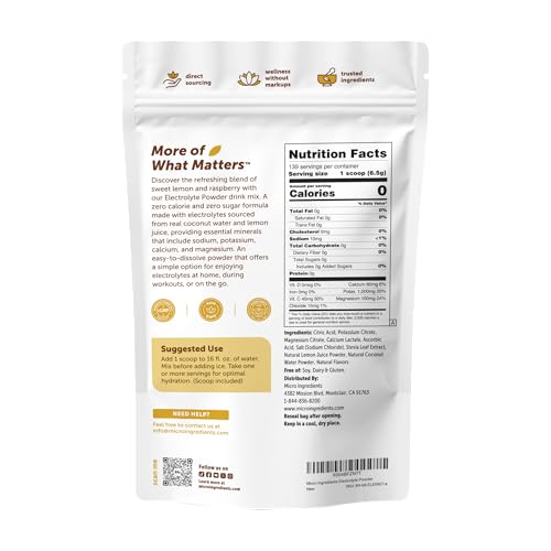Image of Micro Ingredients Electrolytes Powder, 2lbs (139 Servings) | Sugar Free | Lemon Raspberry Flavor | High Potassium (1,000mg) + Coconut Water & Real Lemon Juice | Keto Friendly, Non-GMO