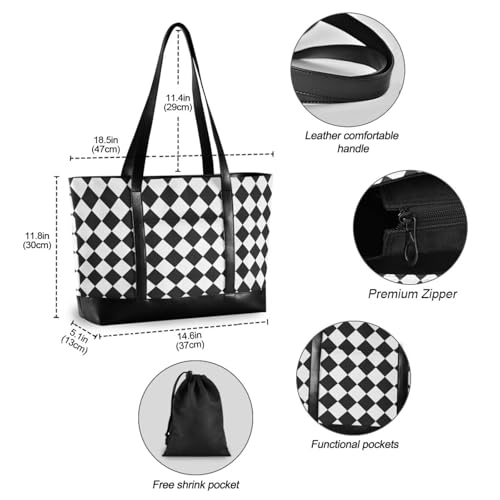 Buffalo Plaid White Black modern large laptop tote bag with zipper for teacher with Personalized bolso de trabajo para mujer4