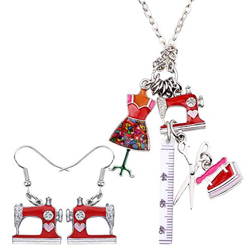 DUOWEI Juego de joyas vintage para máquina de coser, collar y regla de aleación esmaltada, tijeras, herramientas de hierro, colgante para mujer, regalo de costurera, M, Esmalte Zinc, Diamantes de