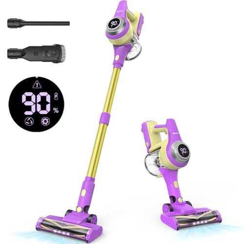 Belife Cordless Vacuum Cleaner for Home, Lightweight Stick Vacuum with Self-Standing, Rechargeable Wireless Vacuum with LED Screen & Anti-Tangle for Hardwood Floor, Pet Hair, Carpet (Purple)