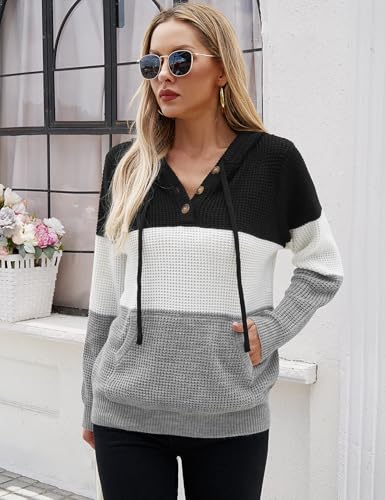 Image of VIMPUNEC Womens Fall Hoodie Sweater Long Sleeve Hooded Top with Pocket | V Neck, Button, Adjustable Drawstring, Waffle Knit, Loose Fit, Ribbed, Kangaroo Pocket