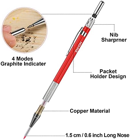 [NEW] Enhon 3 Pcs Carpenter Pencils with 39 Refills, Deep Hole Mechanical Woodworking Construction Pencil with Built in Sharpener, Black Red Yellow Carpentry Marking Scribe Tools for Architect Draft