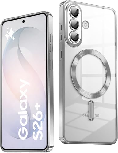 Image of VONZEE Clear Logo Electroplating Transparent Case for Samsung Galaxy S26 Plus 5G, Magnetic Plating [Support for MagSafe Charger] Electroplate TPU Cover- Grey