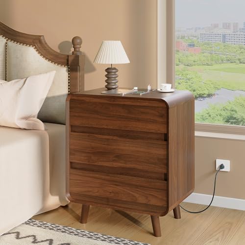 Image of Tall Nightstand with Charging Station, Mid Century Modern Nightstands with 3 Storage Drawers, Curved Wood Night Stands for Bedrooms, Walnut