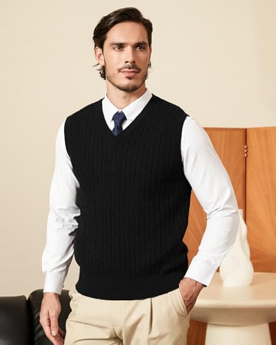 Kallspin Men’s Cable Knit Sweater Vest Pure Cotton V-Neck Sleeveless Knitted Pullover for Fall Winter2