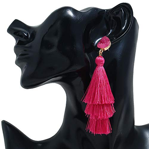 Boho Statement Tassel Clip On Drop Earrings - Feather, Non-Piercing, Dangling Fringe Earrings for Women - Vacation, Beach, Bride, Bachelorette, Costume, Prom Jewelry3