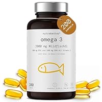 Omega 3 Kapseln 2000 mg | 200 Softgels | 600 mg reines Omega-3 + Vitamin E | Geprüfte Qualität | Hochdosierte Omega 3 Fettsäuren für Herz, Gehirn & Blutdruck | nutrabetter®
