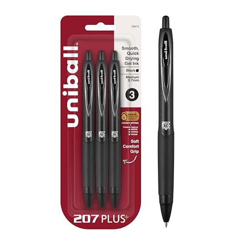 Uniball 207+ Black Retractable Gel Pens 3 Pack with Medium 0.7mm Points, Uni-Ball Click Pens are Fraud Proof and Ideal for Office, School, and Bible Writing