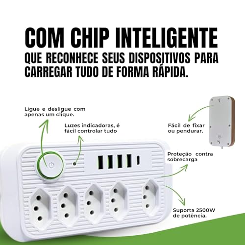 Filtro de Linha e Extensão, contendo 5 Tomadas, 4 Interfaces USB e 1 Porta USB Tipo C. Inclui um Cab