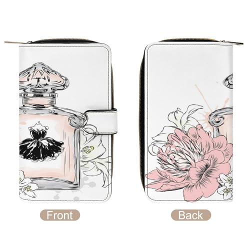 Women Soft PU Leather Wallet, Zipper Card Case Clutch Credit Bills Money Crash Coin 7.8x4.3x1.4 in Holder Purse Print Light Pink Perfume Bottle and Flowers on White4