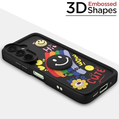 Image of Pikkme Back Cover for Samsung Galaxy M16 5G | Soft Silicone| Cute Rainbow Smile & 3D Cartoon Flower Design | Shockproof Raised Camera Protection Bumper Case (Black)
