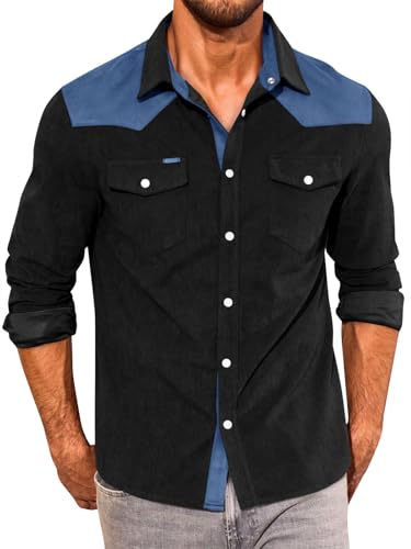 Image of Yousify Mens Western Cowboy Shirt Retro Corduroy Shirts with Pockets | Long Sleeve, Button Down, Vintage Snap Shirt, Country Shacket Jackets