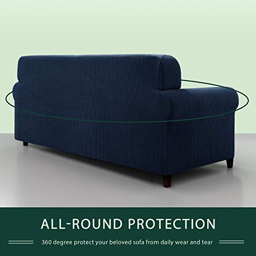 Chun Yi Stretch Sofa Slipcover 1-Piece Couch Cover，3 Seater Settee Coat Soft With Elastic Bottom, Checks Spandex Jacquard Fabric, Large, Dark Blue/Navy #TOP4