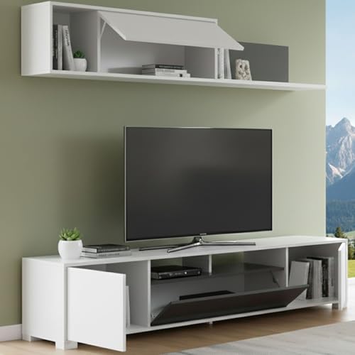 Dmora Parete Attrezzata Gruf 41x200x180h cm Bianco Lucido 6 Ripiani Modulabile, Apertura Battente e a Ribalta