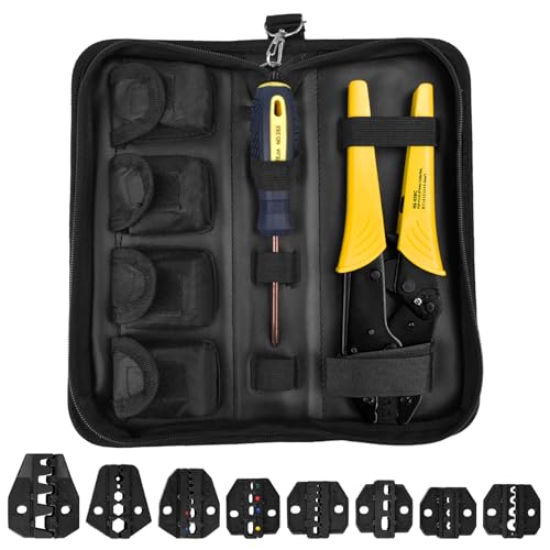 La Mejor Lista de Juegos de mordazas para comprar online. 40 TIKAM Crimpadora de Terminales para Cables Eléctricos, Juego de Alicates de Carraca Con 8 Mordazas y Destornillador, Pinza para Engarzado de Alambre AWG20-10