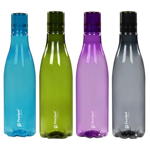 Image of PEARLPET Throttle Water Bottle for Home | Leak Proof Bottles for Refrigerator | BPA-Free, Food Grade, Plastic | Set of 4, 1000 ML Each, Multicolor