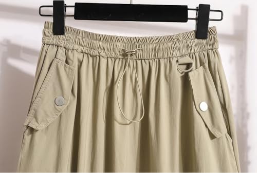 ebossy Women's Drawstring Parachute Skirt Vintage Cotton Elastic Waist A-Line Long Cargo Skirts with Pockets3