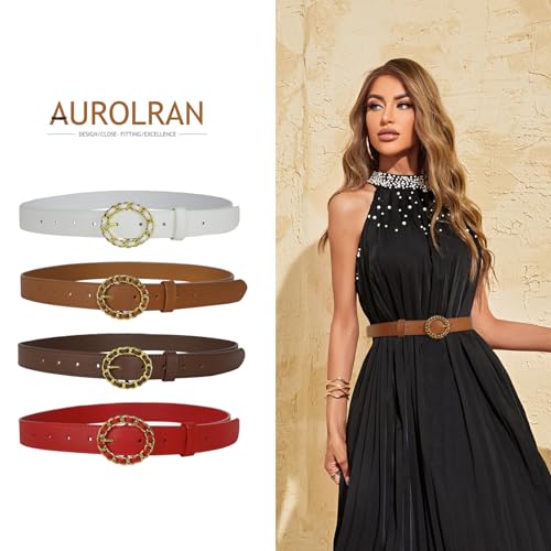 Image of Aurolran Women's Fashion Classic Metal Buckle Leather Belt with Jeans Dress
