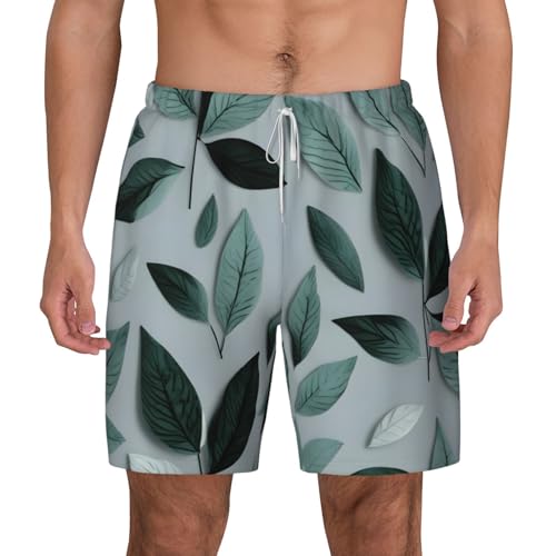Men's Mint Gray Leaf Print Quick-Dry Mesh Swim Trunks Stretch Lining Beach Shorts Surfing Summer Vacations2
