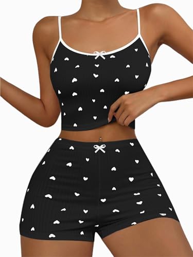 Image of Hilinker Womens Graphic 2 Piece Pajama Set Summer Cute Crop Cami and Shorts Ribbed Lounge Sets