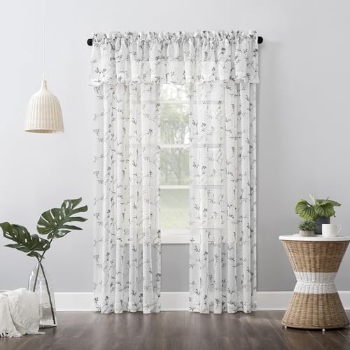 No. 918 Delia Embroidered Floral Sheer Rod Pocket Curtain Valance, 50" x 17", White