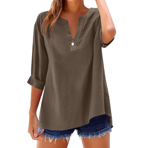WDCHAOYUE Blouse pour Femme Col V Tunique Été Comfy Respirant Plaine Bouton Grandes Taille Tunique Femme Manche 3/4 Club Fashion Coton Marron