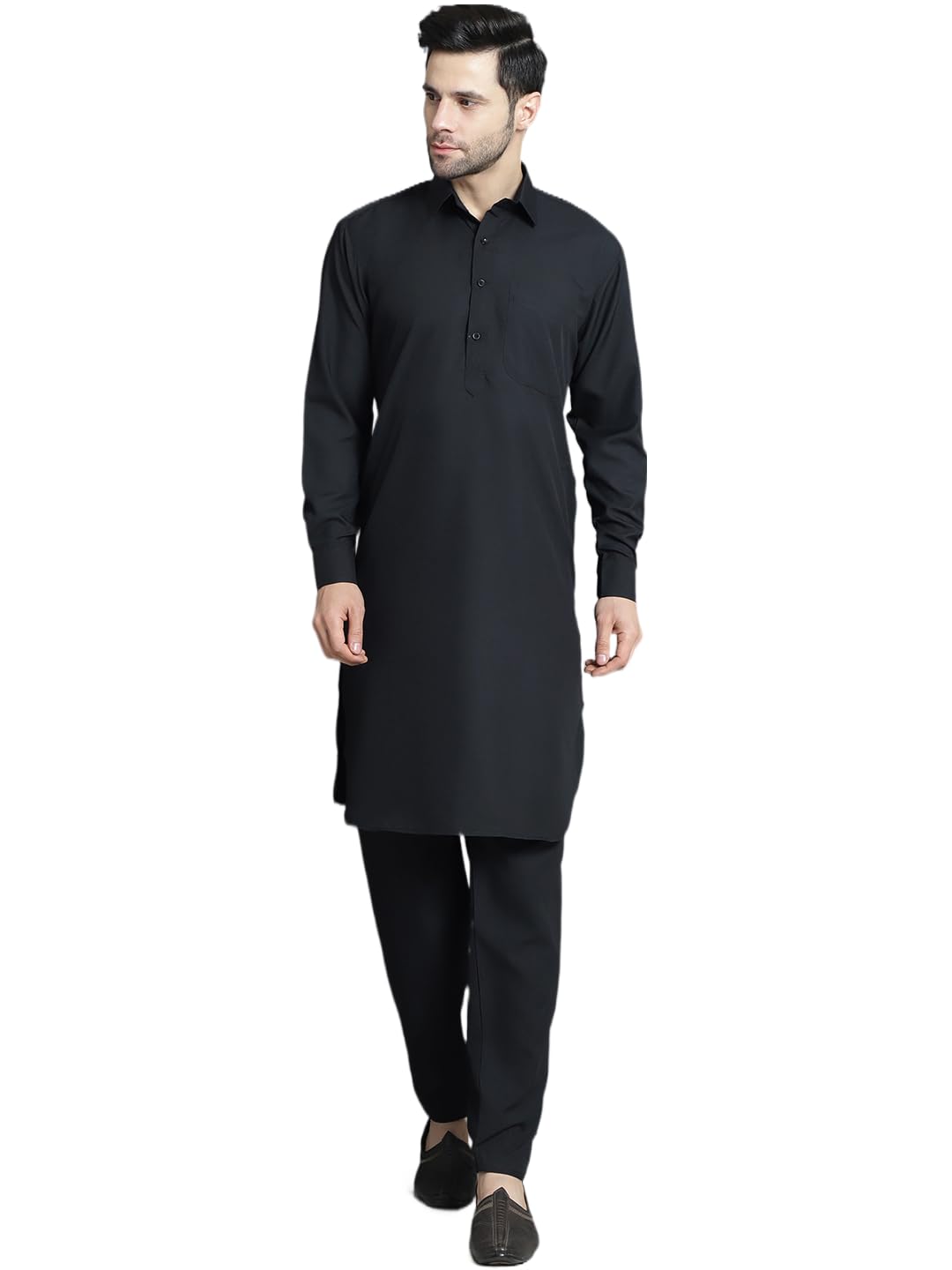 Jompers Men's Black Solid Pathani Kurta With Salwar (Black, L)