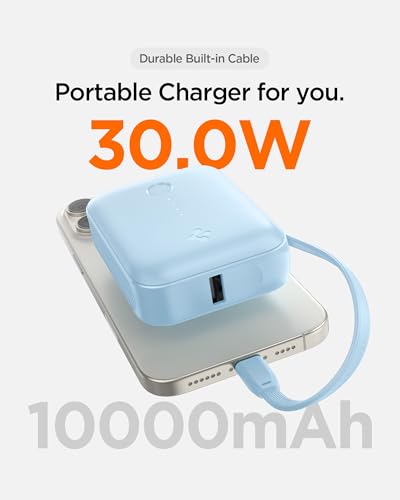 Image of Spigen ArcPack 10000mAh Power Bank with Built-in USB-C Cable,30.0W Fast Charging, 1 Type-C Cable, 1 Type-C Port, 1 USB-A Port - (ABS + PC | Cream Blue)