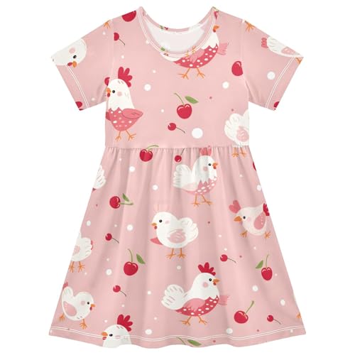 Pink Chicken Cherry Little Girls Short Sleeve Dress Casual Summer Party Skater Dresses for Kids 2-8T