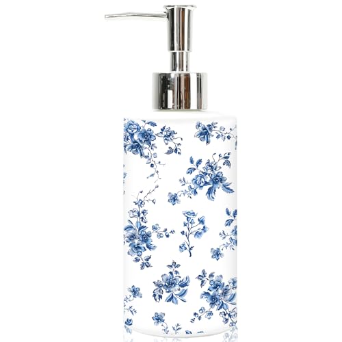 JarThenaAMCS Blue Floral Soap Dispenser Glass Dispenser with Pump Refillable Chinoiserie Flower Liquid Soap Container for Home Kitchen Bathroom Countertop