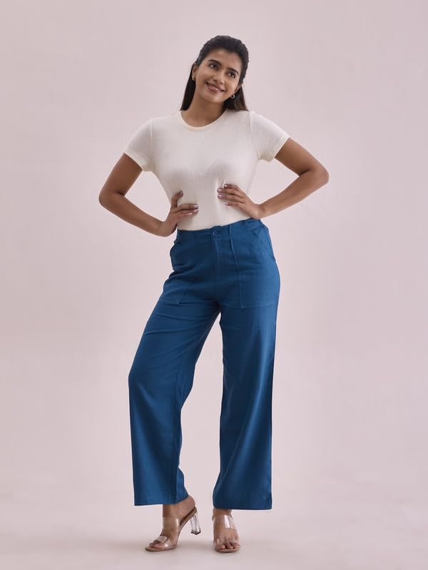Image of GO COLORS Solid Linen Cargo Pants for Women | Full Length, Mid Rise, Side Pockets