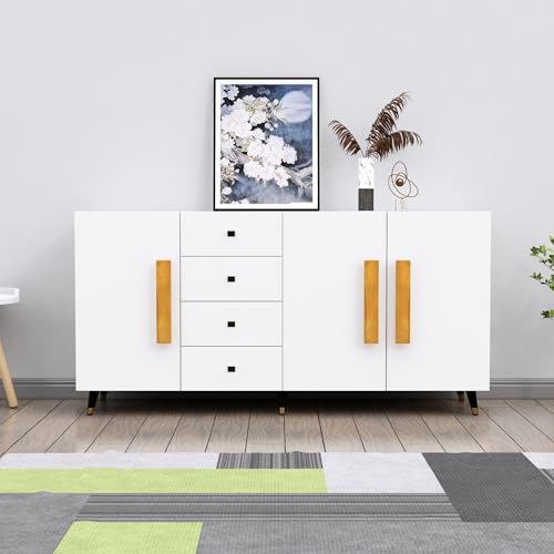 Image of Bniture Wooden Sideboard Cabinet for Living Room | Wooden Storage Cabinet with 3 Door & 4 Drawers | Engineered Wood Multipurpose Cabinet with Spacious Shelves for Home & Office | Frosty White