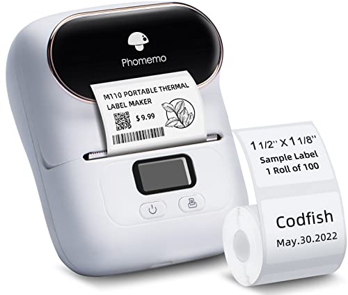 Phomemo M110 Bluetooth Label Maker - Portable Custom Label Maker, Barcode Printer, Mini Thermal Label Maker Machine for Retail, Address, Home, for iOS & Android, with 1pack 40x30mm Labels, Snow White
