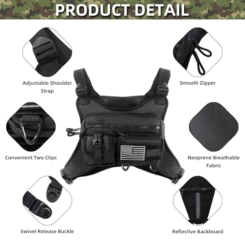QCBF Outdoor Sports Chest Bag for Men, Running Vest Tactical Pack, Water Resistant Lightweight Front Run, with Extra Storage, Chest Vest Holster Fits Most Pistols, Fit Hiking (Black)